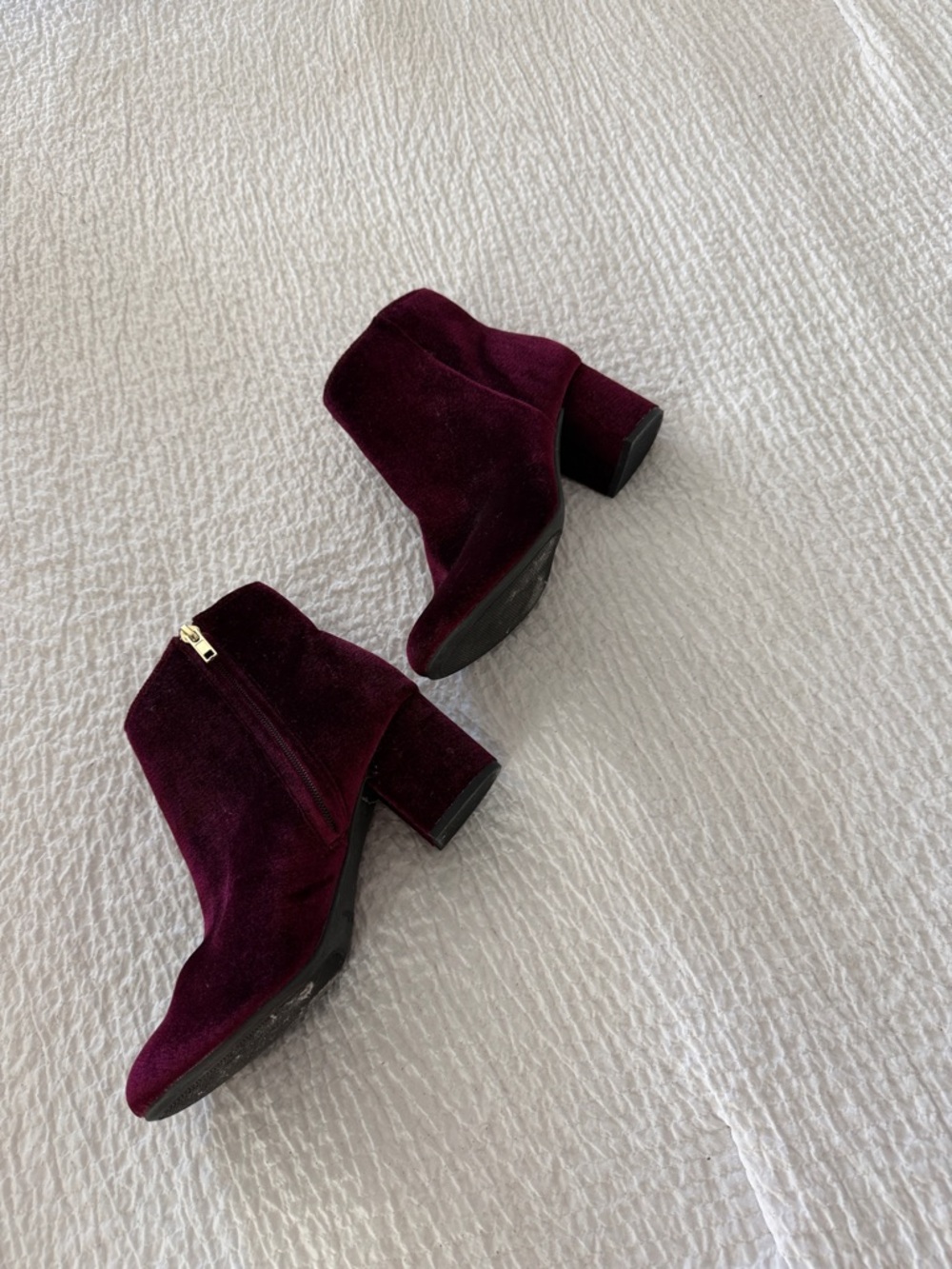 Velvet Ankle Booties in Deep Burgundy with Block Heel